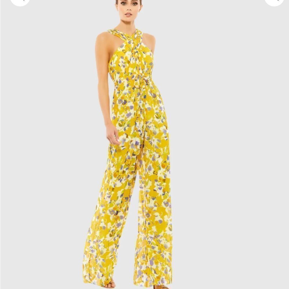 Mac Duggal Yellow Floral Crossed Halter Wide Leg Jumpsuit | Size 14